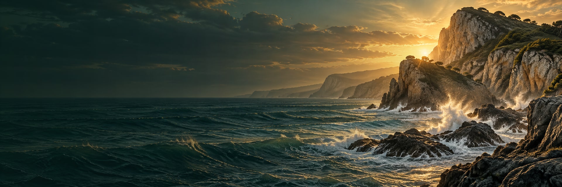 Waves break against a rocky headland at dawn.